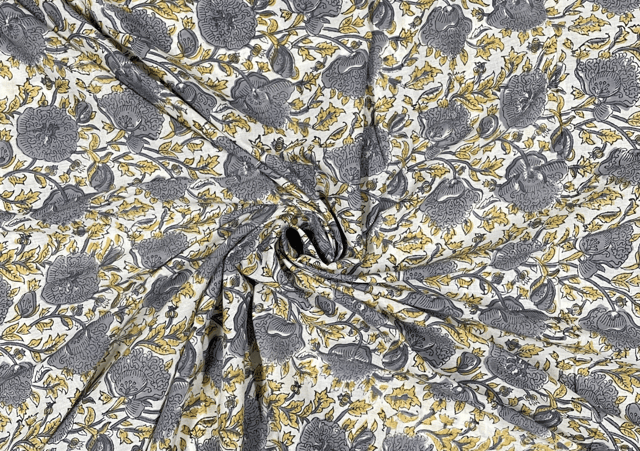 White Grey Floral Printed Cotton Voil Fabric