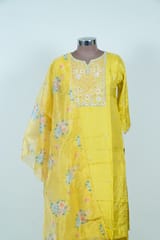Mustard Color Dola Silk Embroidered Shirt with Bottom Pant and Print with Embroidered Organza Dupatta