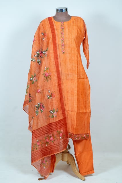Rust Color Embroidered Chanderi Shirt with Pant and Printed Chanderi Dupatta