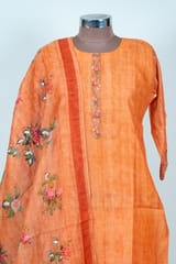 Rust Color Embroidered Chanderi Shirt with Pant and Printed Chanderi Dupatta