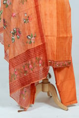 Rust Color Embroidered Chanderi Shirt with Pant and Printed Chanderi Dupatta