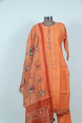 Rust Color Embroidered Chanderi Shirt with Pant and Printed Chanderi Dupatta
