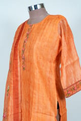 Rust Color Embroidered Chanderi Shirt with Pant and Printed Chanderi Dupatta