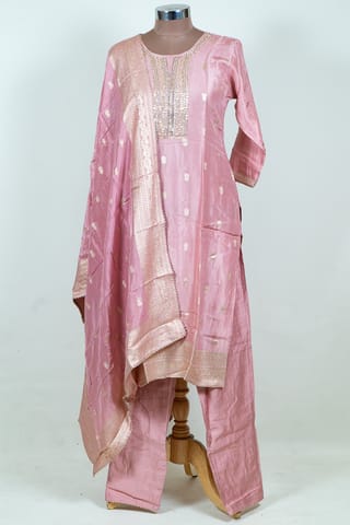 Onion Pink Color Embroidered Dola Jacquard Shirt with Pant and Banarsi Dupatta