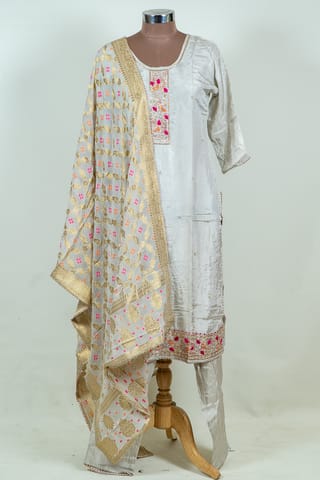 Grey Color Embroidered Dola Silk Suit with Pant and Georgette Banarsi Dupatta