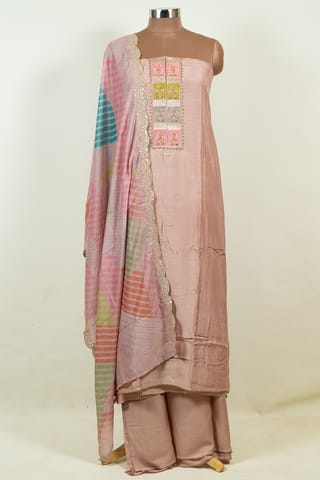Onion Pink Color Embroidered Muslin Shirt with Bottom and Printed Muslin Dupatta