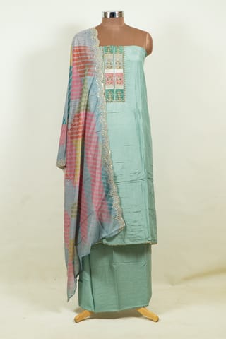 Sage Green Color Embroidered Muslin Shirt with Bottom and Printed Muslin Dupatta