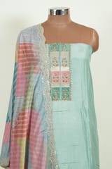 Sage Green Color Embroidered Muslin Shirt with Bottom and Printed Muslin Dupatta