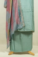 Sage Green Color Embroidered Muslin Shirt with Bottom and Printed Muslin Dupatta