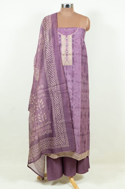 Purple Color Tie and Dye Embroidered Chanderi Shirt with Bottom and Printed Dupion Silk Dupatta