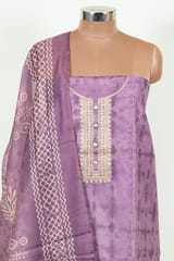 Purple Color Tie and Dye Embroidered Chanderi Shirt with Bottom and Printed Dupion Silk Dupatta
