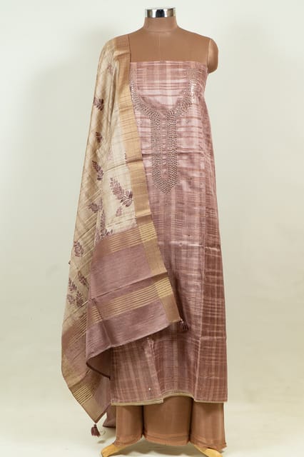 Rust Color Print with Embroidered Dupion Silk Shirt with Bottom and Printed Silk Dupatta
