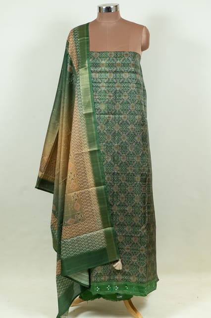 Green Color Print Silk Shirt with Bottom and Printed Silk Dupatta