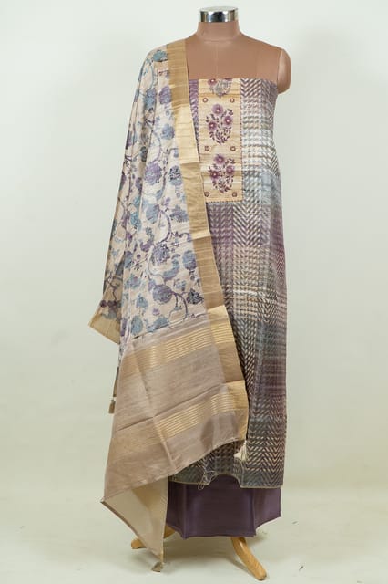 Fawn Color Print with Embroidered Dupion Silk Shirt with Bottom and Printed Silk Dupatta