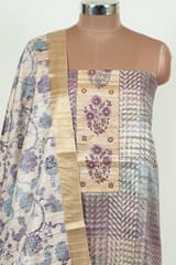 Fawn Color Print with Embroidered Dupion Silk Shirt with Bottom and Printed Silk Dupatta