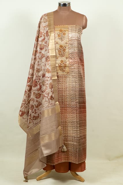 Fawn Color Print with Embroidered Dupion Silk Shirt with Bottom and Printed Silk Dupatta