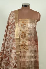 Fawn Color Print with Embroidered Dupion Silk Shirt with Bottom and Printed Silk Dupatta