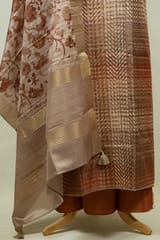 Fawn Color Print with Embroidered Dupion Silk Shirt with Bottom and Printed Silk Dupatta