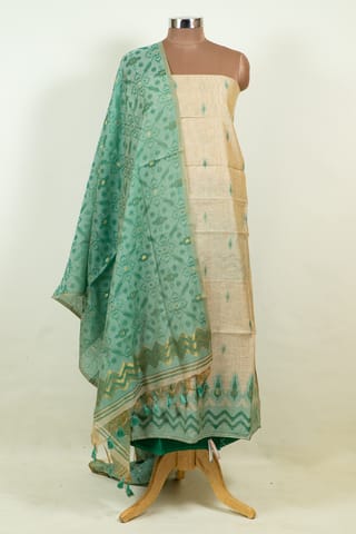 Fawn Color Printed Jamdani Shirt with Botton and Green Jamdani Dupatta