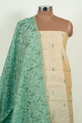 Fawn Color Printed Jamdani Shirt with Botton and Green Jamdani Dupatta