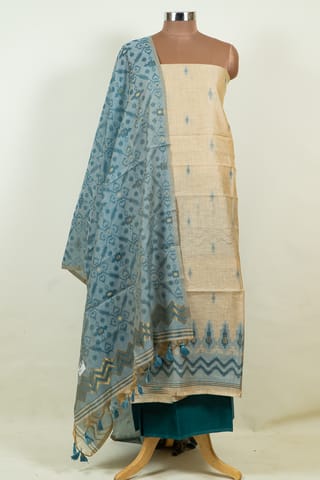 Fawn Color Printed Jamdani Shirt with Botton and Grey Jamdani Dupatta