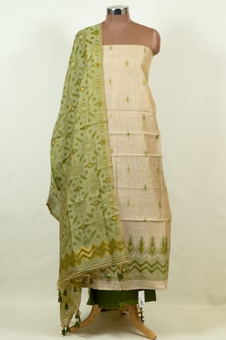 Fawn Color Printed Jamdani Shirt with Botton and Mehndi Jamdani Dupatta