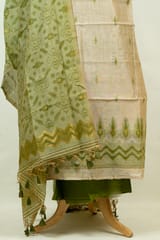 Fawn Color Printed Jamdani Shirt with Botton and Mehndi Jamdani Dupatta