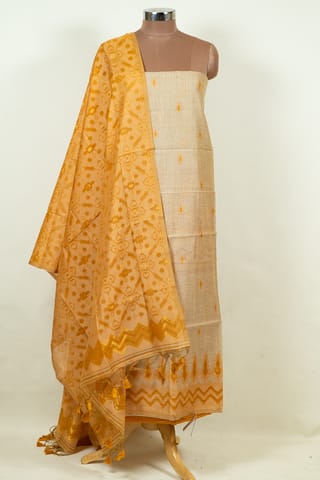 Fawn Color Printed Jamdani Shirt with Botton and Orange Jamdani Dupatta