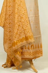 Fawn Color Printed Jamdani Shirt with Botton and Orange Jamdani Dupatta