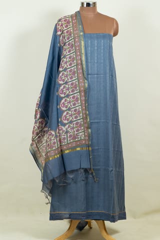 Blue Color Dola Self Shirt with Bottom and Chanderi Print Dupatta