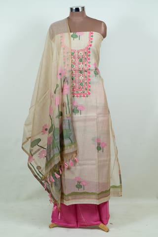 Fawn Color Print with Embroidered Jamdani Shirt with Bottom and Printed Jamdani Dupatta