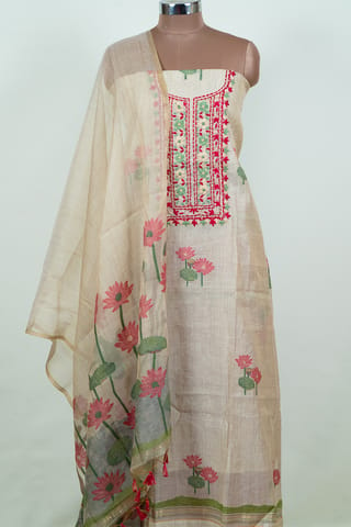 Fawn Color Print with Embroidered Jamdani Shirt with Bottom and Printed Jamdani Dupatta