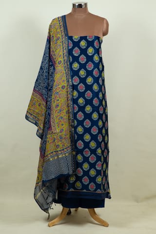 Blue Color Printed Chanderi Shirt with Bottom and Printed Chanderi Dupatta
