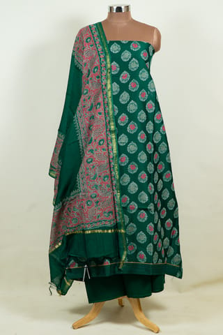 Green Color Printed Chanderi Shirt with Bottom and Printed Chanderi Dupatta