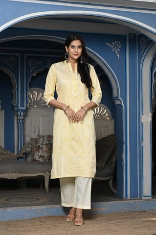 Lemon Color Printed Jam Cotton Shirt with Cotton Bottom