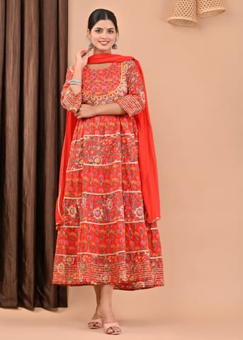 Red Color Printed Cotton Shirt with Chiffon Dupatta