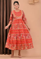 Red Color Printed Cotton Shirt with Chiffon Dupatta