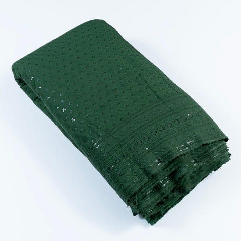 Bottle Green Color Rayon Chikan Embroidered Fabric (90CM Piece)