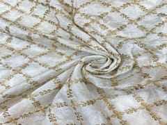 Dyeable Embroidered Pure Chanderi Silk White Flowers Checks