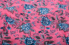Pink Color base Pure Muslin with blue heavy flowers Printed Fabric
