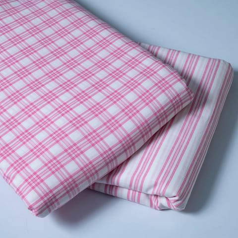 Pink Color Cotton Yarn Dyed Checks and Stripes Fabric Set