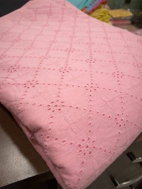PINK Color Cotton Chikan Embroidered Fabric(