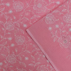 5 Mtr Pink Cotton Kota Doria Thread Embroidered Fabric Set