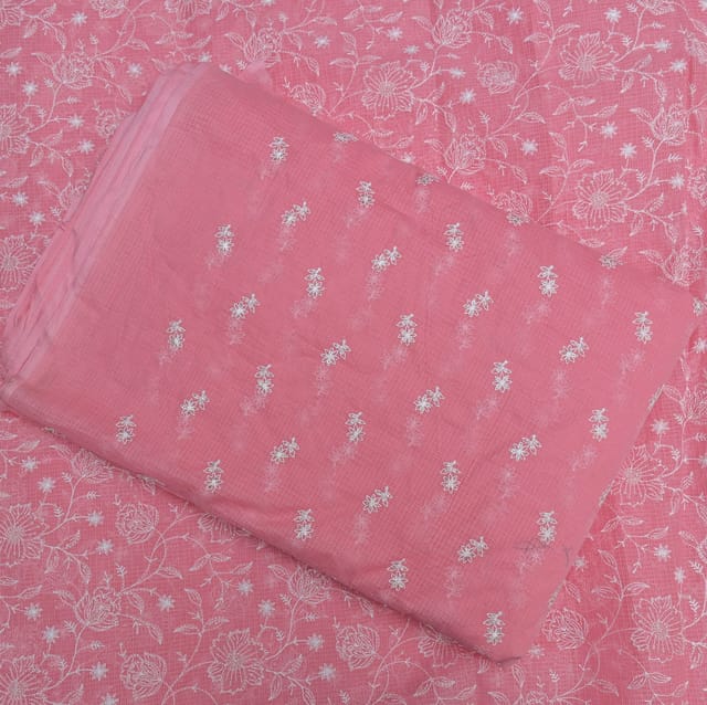 5 Mtr Pink Cotton Kota Doria Thread Embroidered Fabric Set