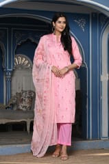 Pink Color Printed Jam Cotton Shirt with Cotton Bottom and Printed Chinon Chiffon Dupatta