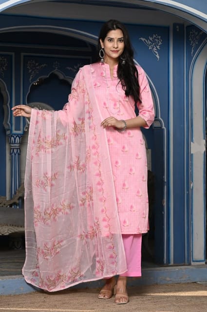 Pink Color Printed Jam Cotton Shirt with Cotton Bottom and Printed Chinon Chiffon Dupatta