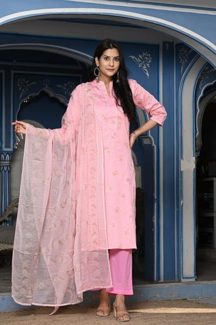 Pink Color Printed Jam Cotton Shirt with Cotton Bottom and Printed Chinon Chiffon Dupatta