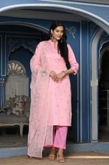 Pink Color Printed Jam Cotton Shirt with Cotton Bottom and Printed Chinon Chiffon Dupatta