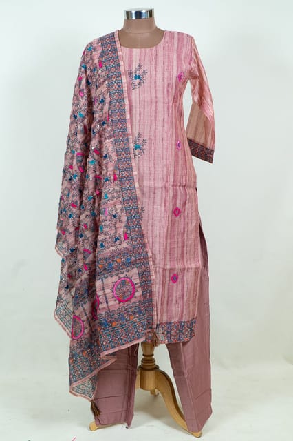 Onion Pink Color Print with Embroidery Dola Silk Shirt with Pant and Silk Embroidered Dupatta