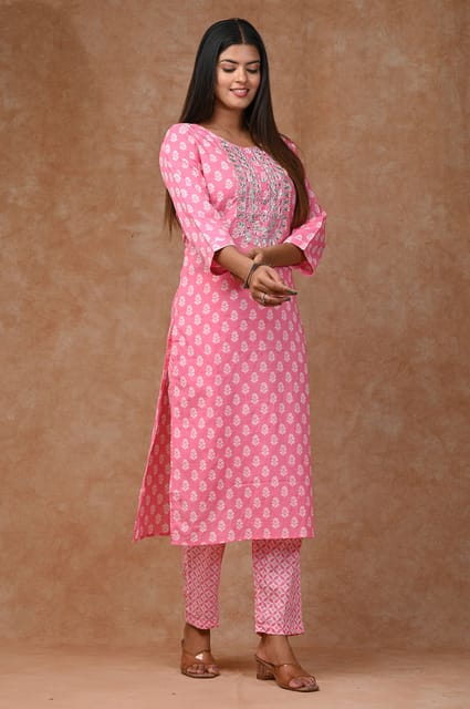 Pink Color Cotton Printed Shirt with Cotton Printed Bottom